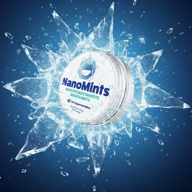 NanoMints packaging with ice crystal effects on a blue background
