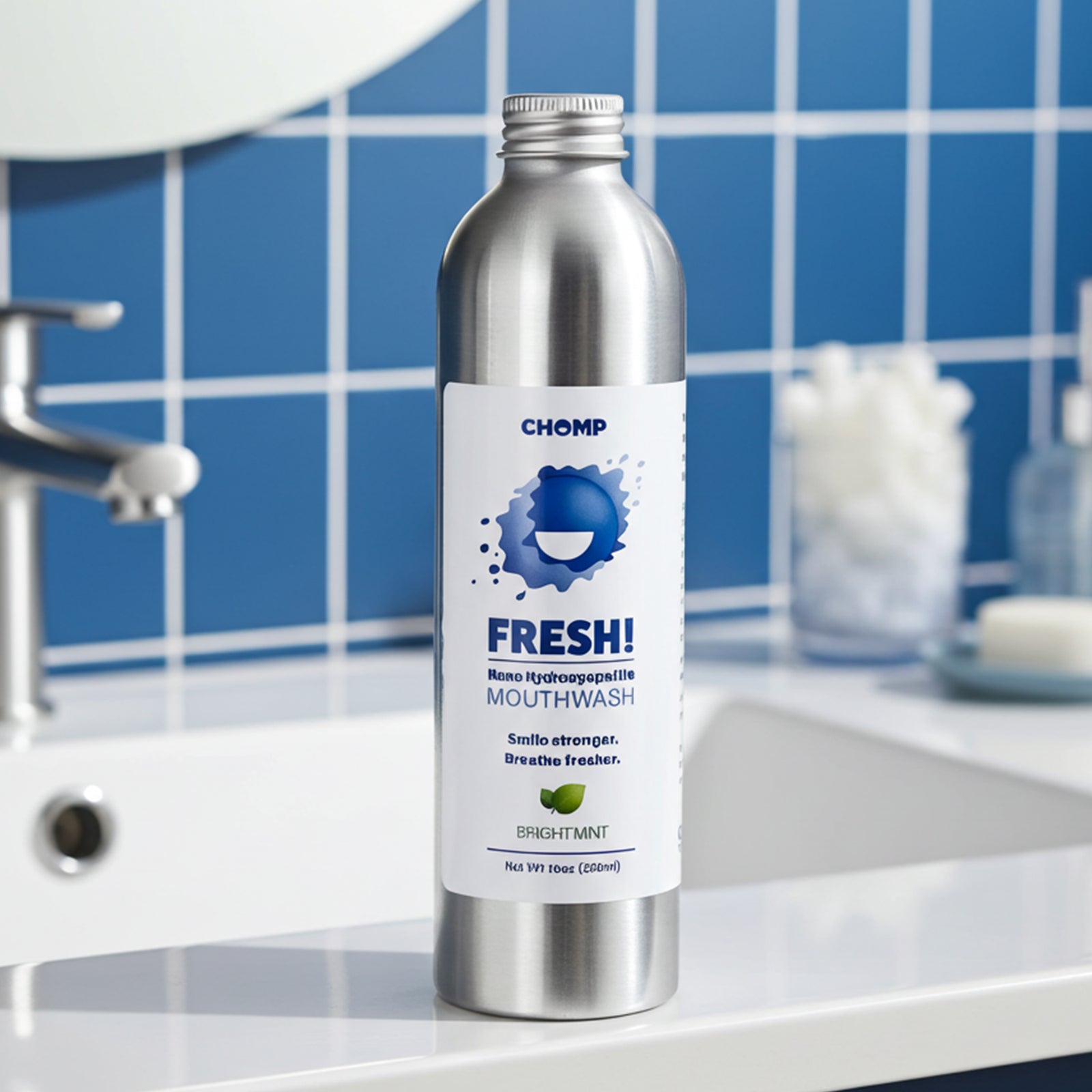 Chomp mouthwash bottle on a bathroom counter with blue tiled wall in the background