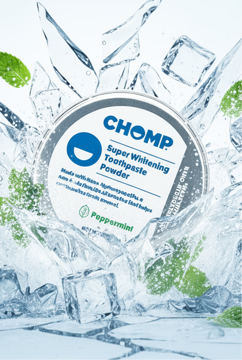 CHOMP super whitening toothpaste powder packaging with ice cubes and peppermint leaves on a light blue background