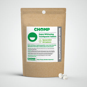 CHOMP super whitening toothpaste tablets packaging on a white background