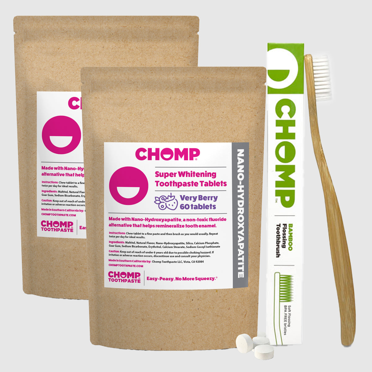 CHOMP Very Berry Toothpaste Tablets with NHAP Refills with Flossing Toothbrush