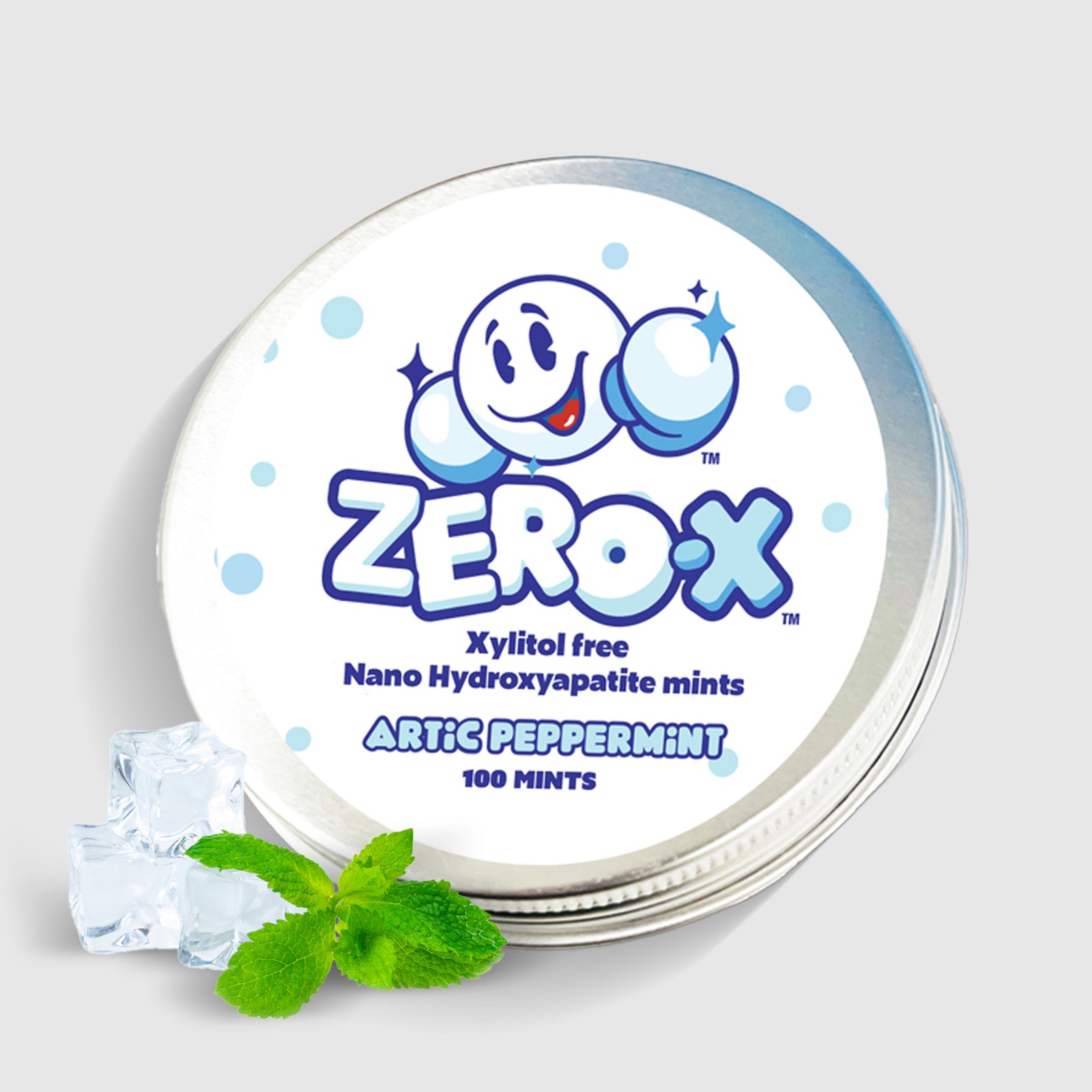 Zero-X mint tin with packaging design on a light gray background