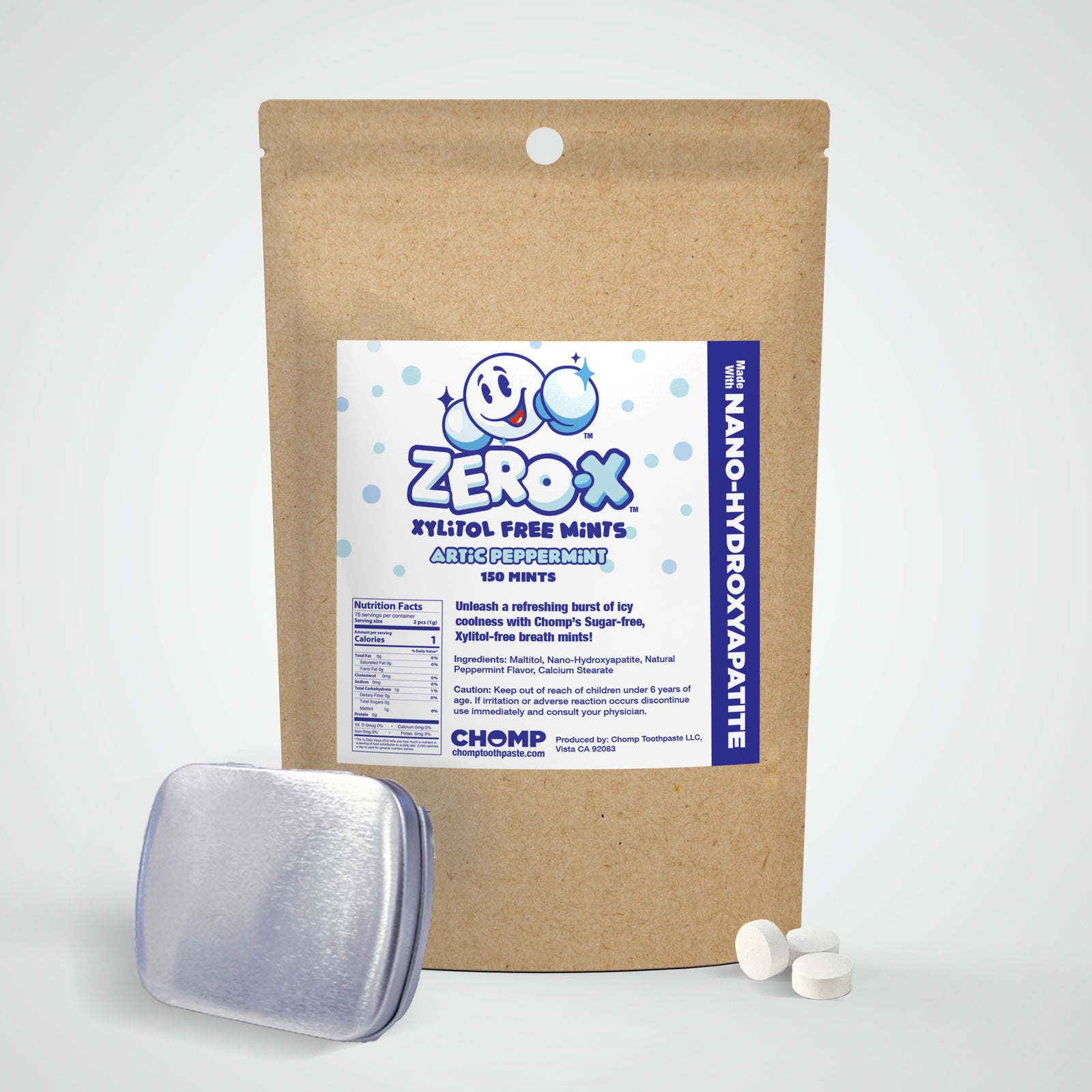 Zerox mints packaging with a silver tin and mints on a white background