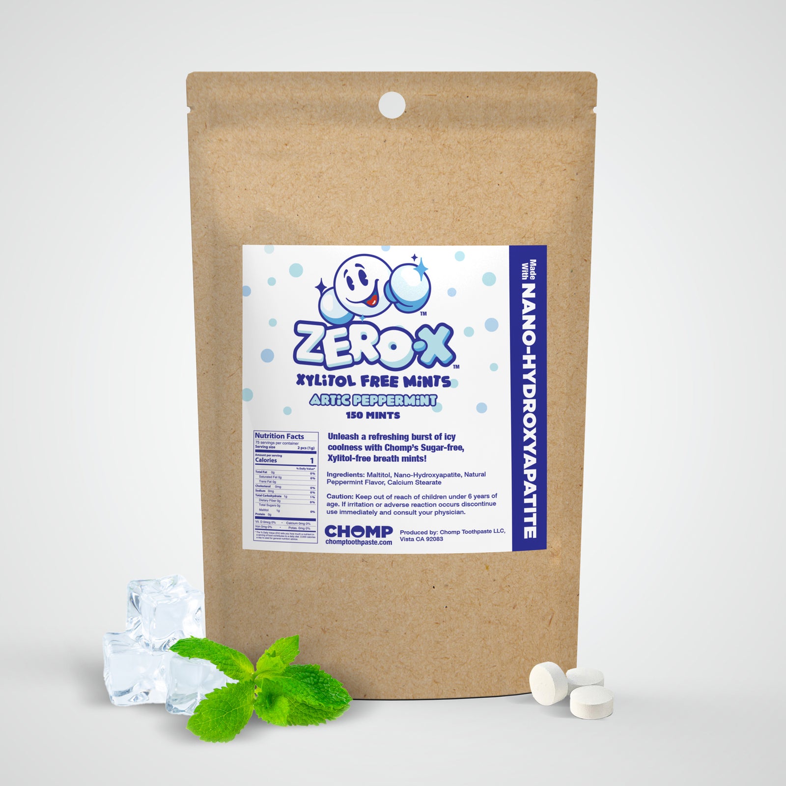 Brown paper bag with Zerox mints label on a white background