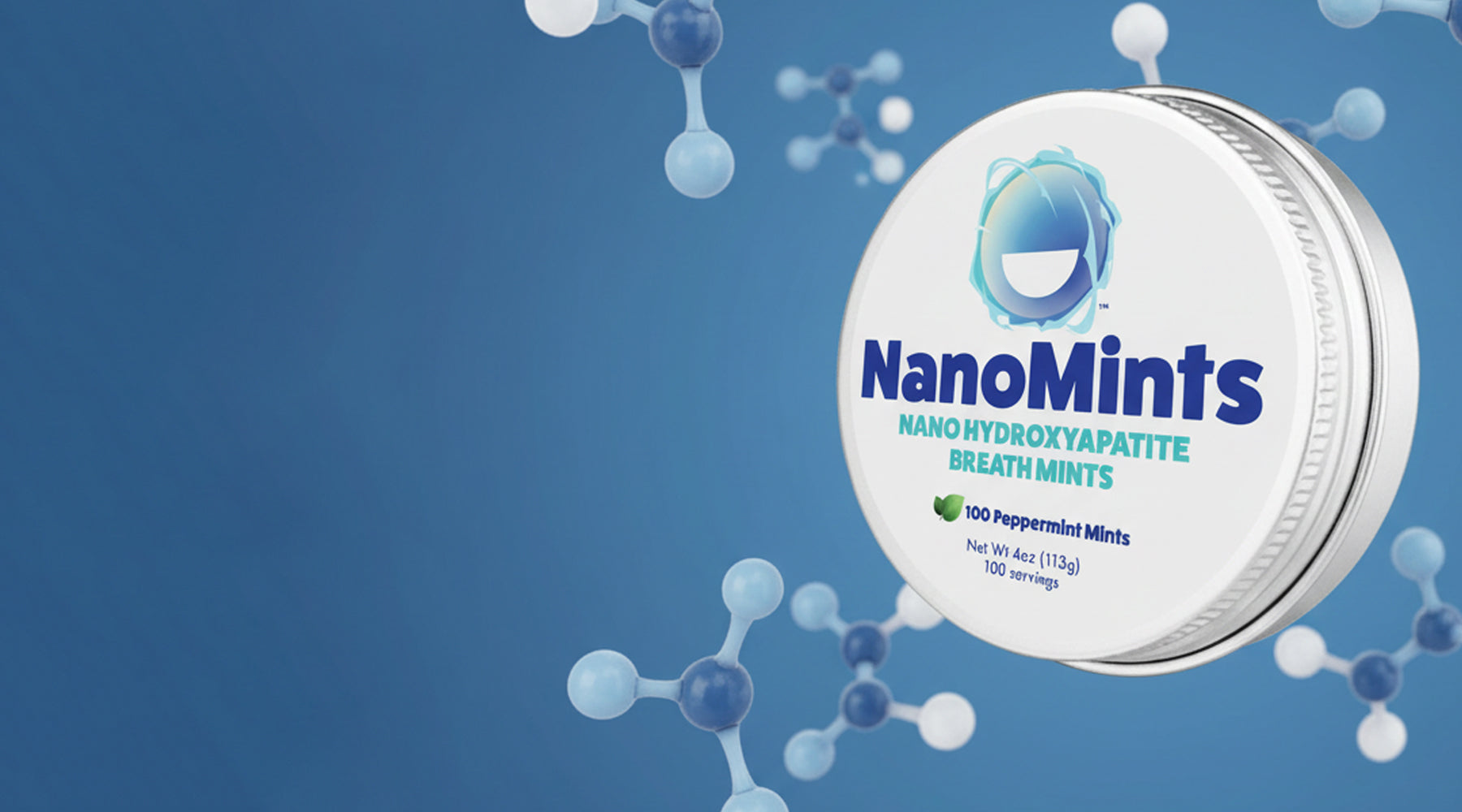 NanoMints breath mints container with molecular structures on a blue background