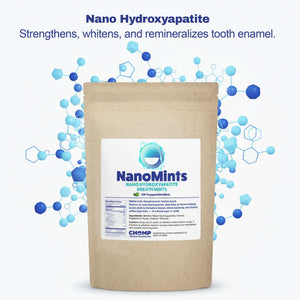 Nanomints Nano Hydroxyapatite packaging with molecular structures on a white background
