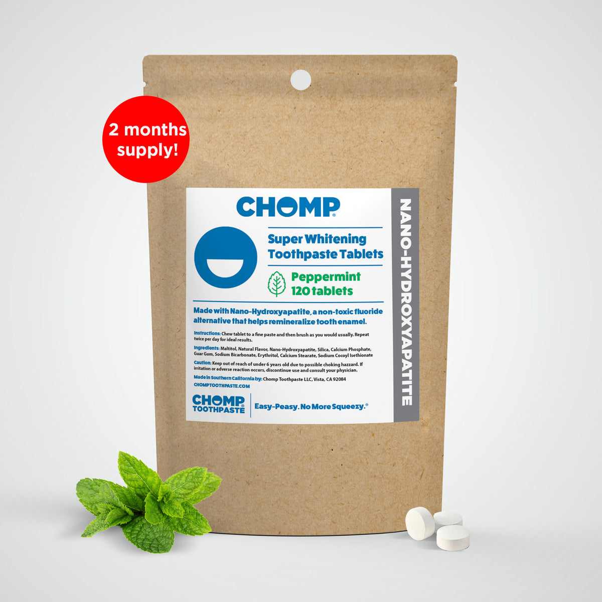 CHOMP Super Whitening Toothpaste Tablets packaging with a mint leaf on a white background