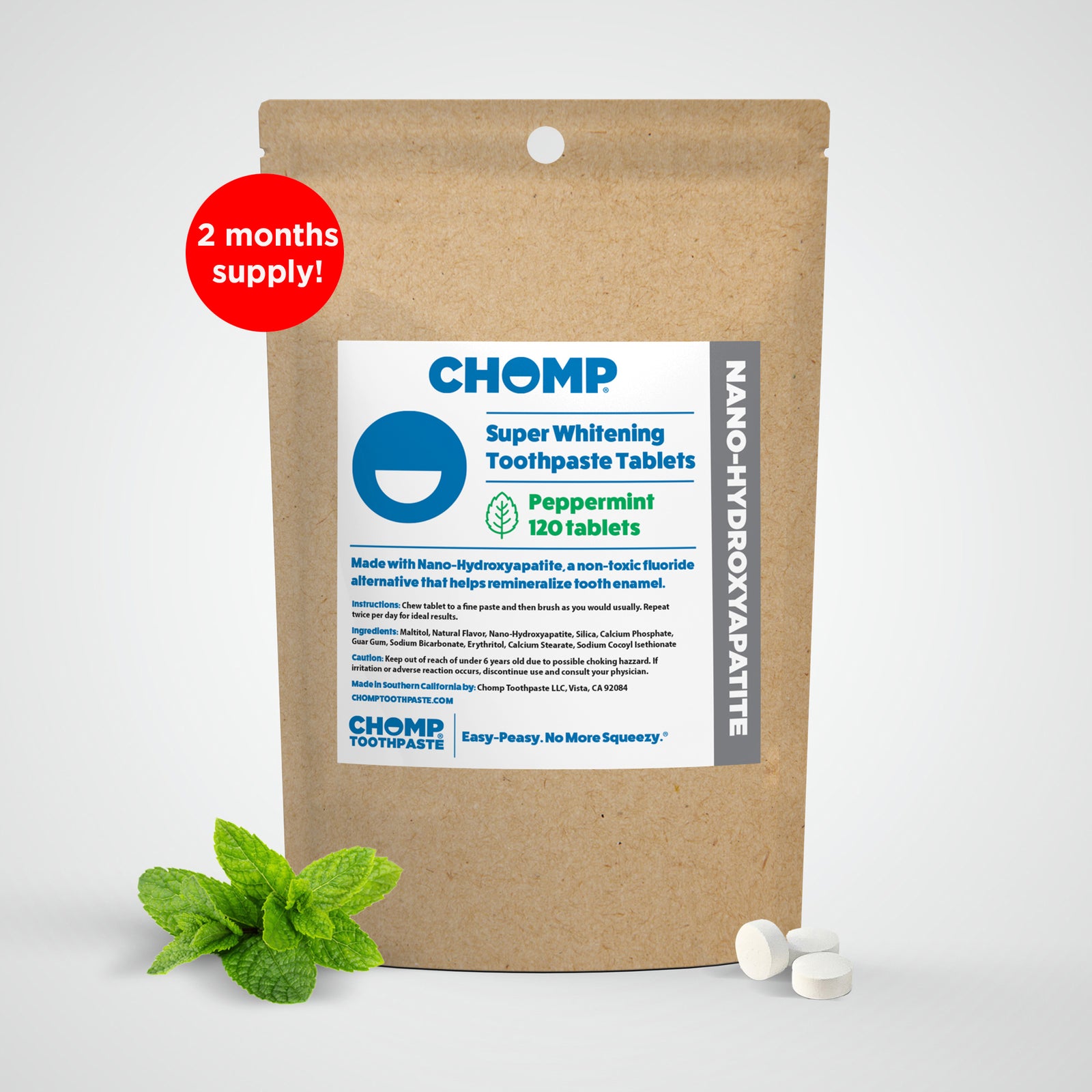 CHOMP Super Whitening Toothpaste Tablets packaging with a mint leaf on a white background