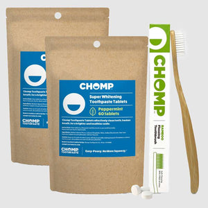 chomp peppermint toothpaste tablets and toothbrush