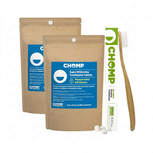 chomp peppermint toothpaste tablets and toothbrush