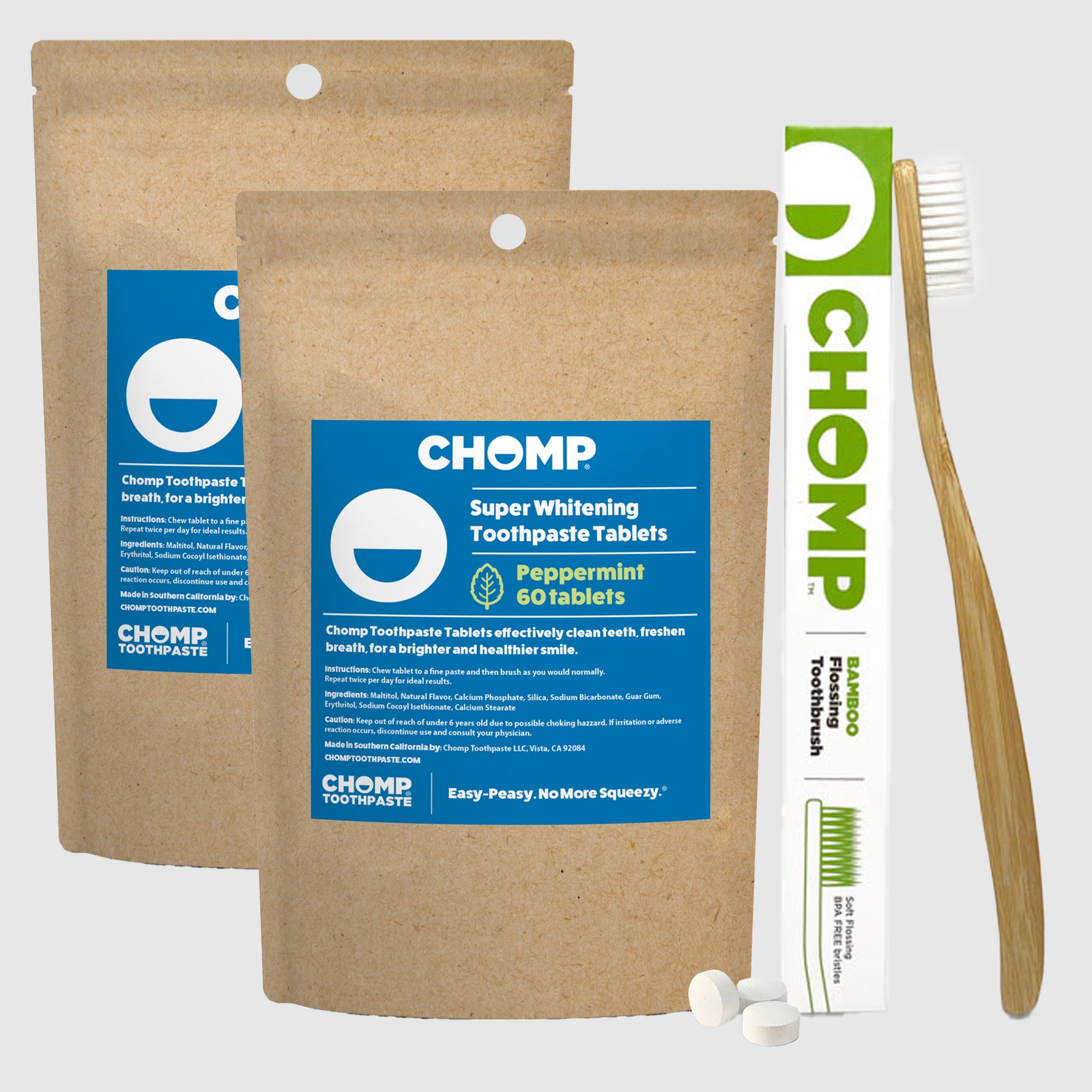chomp peppermint toothpaste tablets and toothbrush