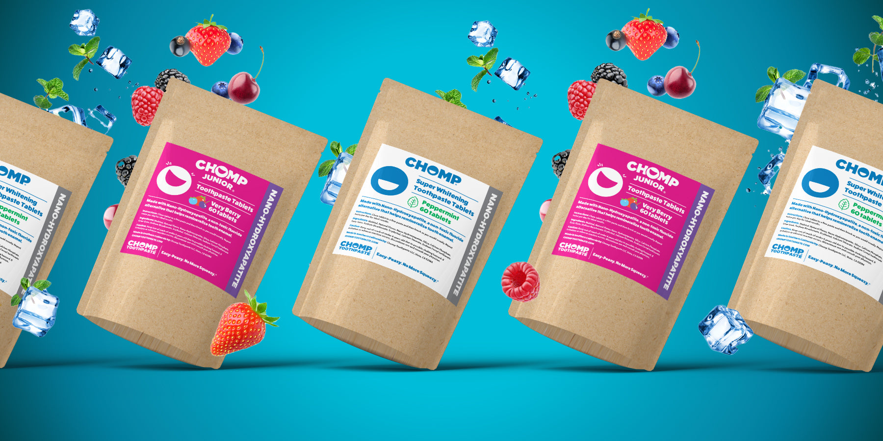 Kraft paper bags with colorful labels on a blue background