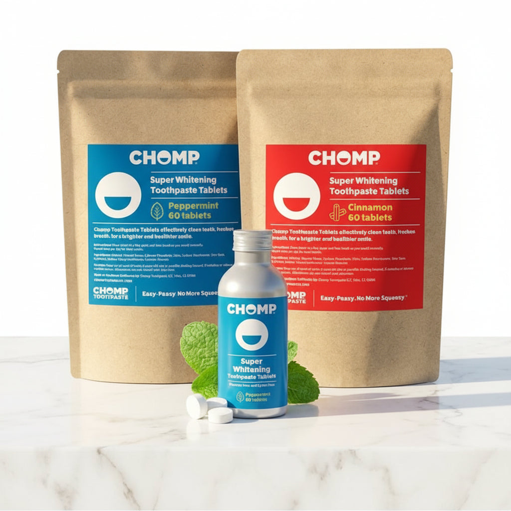 CHOMP super whitening toothpaste tablets packaging on a marble surface