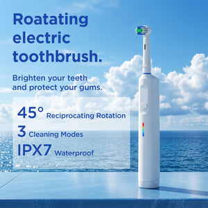 A white rotating electric toothbrush stands on a blue ocean ledge with a cloudy sky background. Large blue text on the left reads 'Roatating electric toothbrush.
