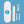 A white electric oral irrigator kit with its carrying case, rechargeable USB charging cable, and two interchangeable brush heads, arranged on a solid blue background. The carrying case features a blue circular logo with the brand name 'CHOMP'.