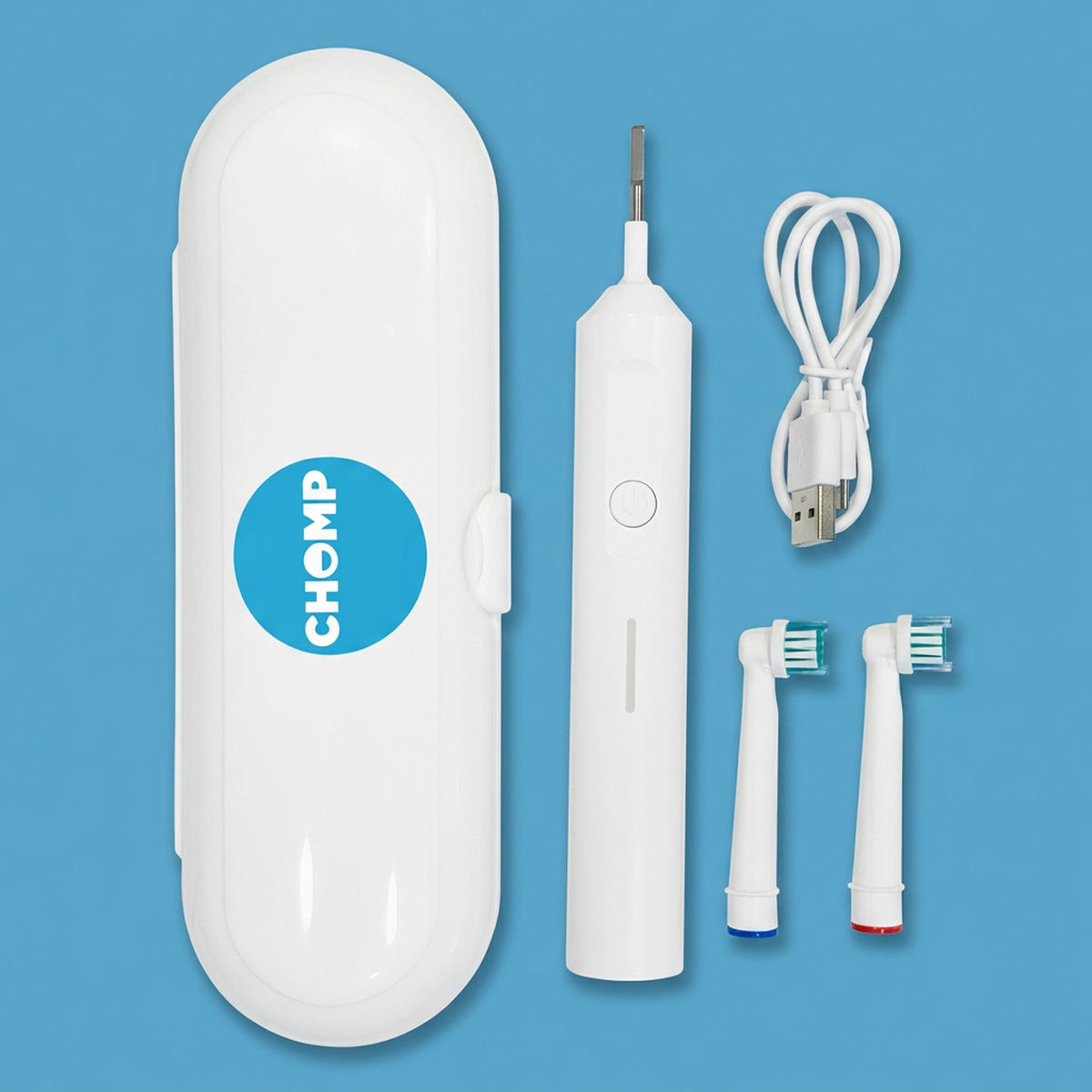 A white electric oral irrigator kit with its carrying case, rechargeable USB charging cable, and two interchangeable brush heads, arranged on a solid blue background. The carrying case features a blue circular logo with the brand name 'CHOMP'.