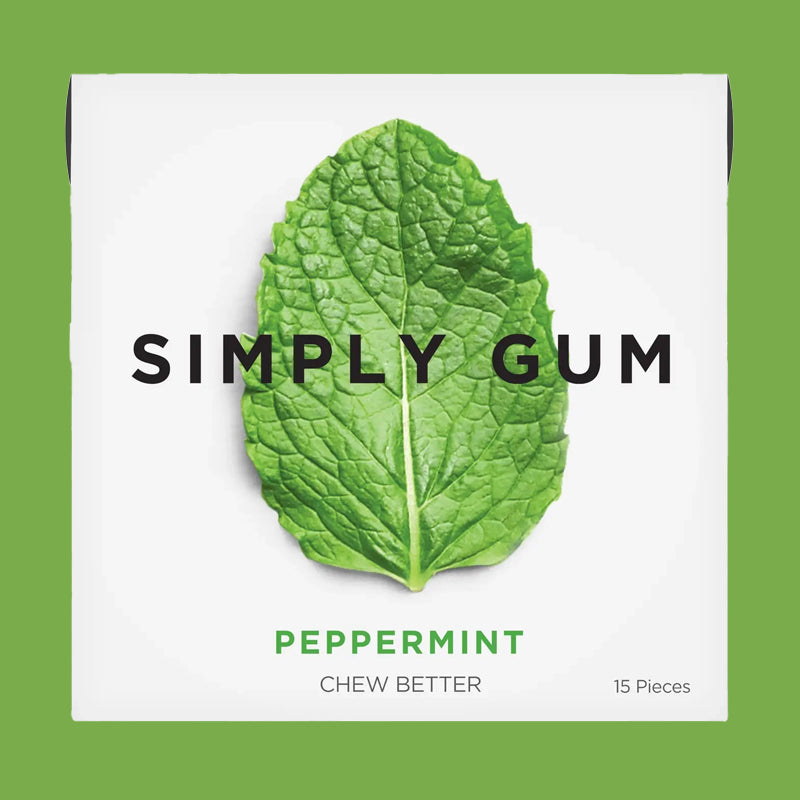 Packaging of Simply Gum with a peppermint leaf on a white background