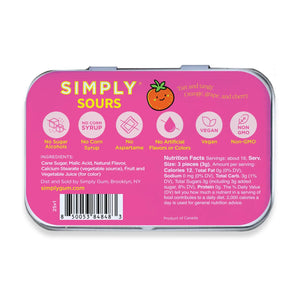 Pink tin packaging of Simply Sours with nutritional information and branding details.