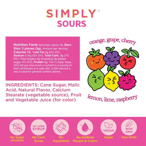 Label for 'Simply Sours' candy with colorful sour candy characters and nutritional information.