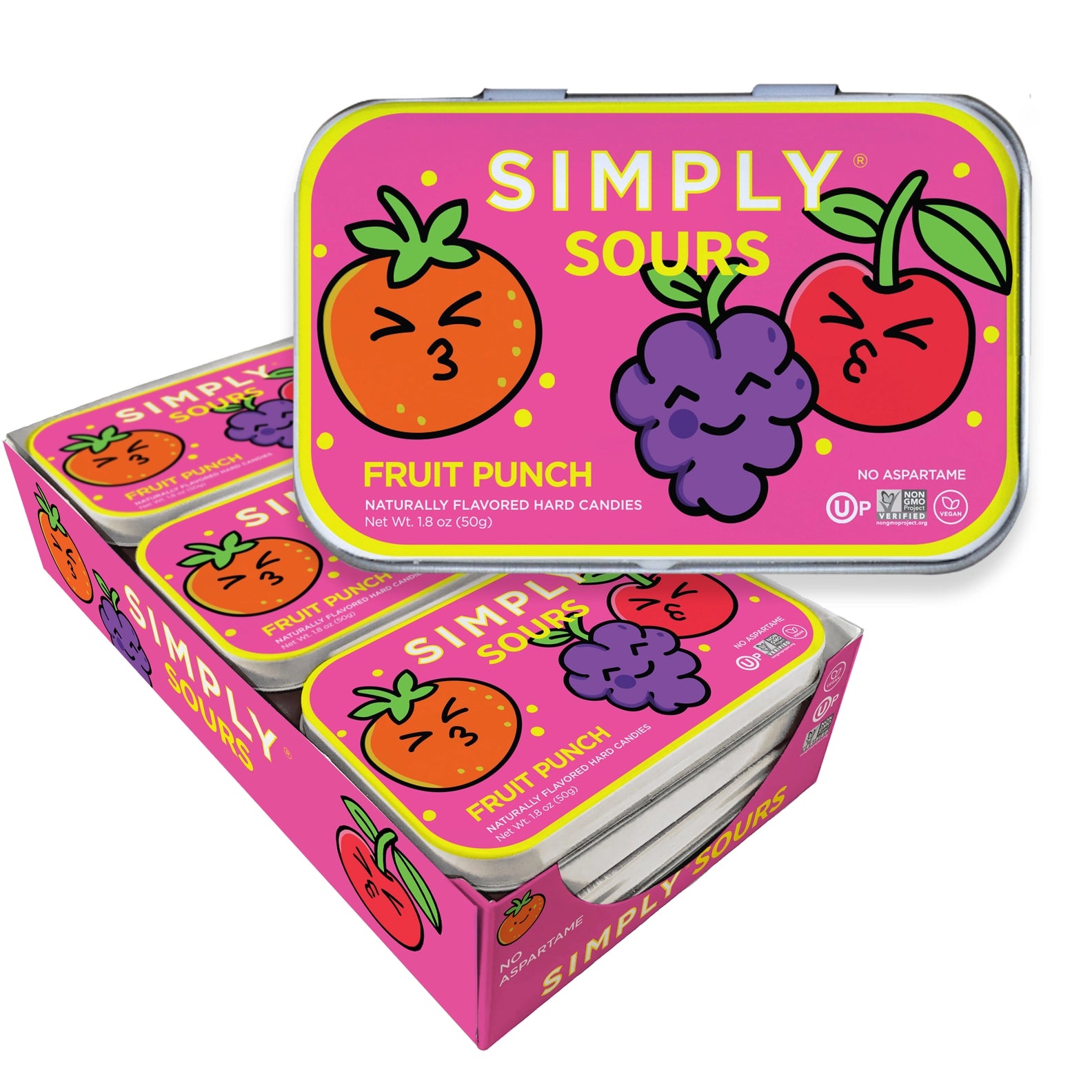 Pink packaging of Simply Sours Fruit Punch hard candies with cartoon fruit illustrations on a white background.