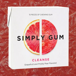 Simply Gum 'Cleanse' packaging with grapefruit and prickly pear design on a red textured background.
