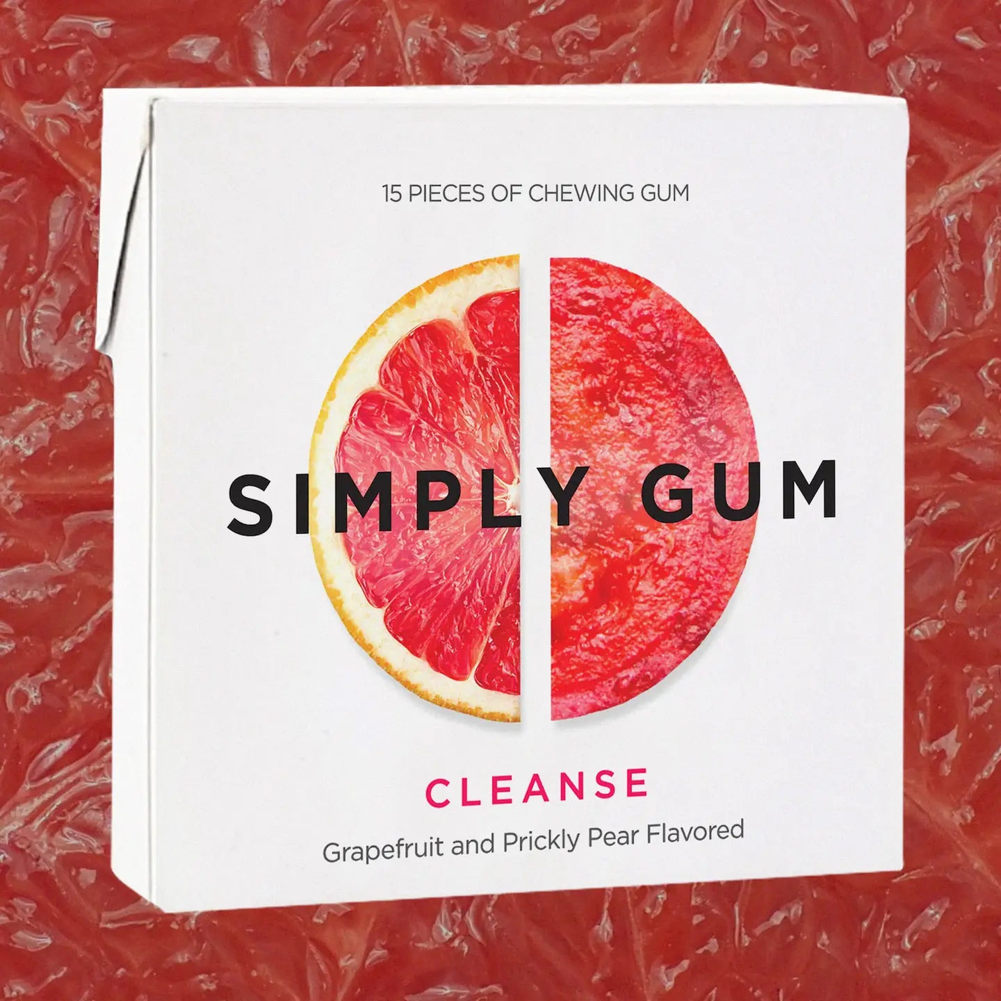 Simply Gum 'Cleanse' packaging with grapefruit and prickly pear design on a red textured background.