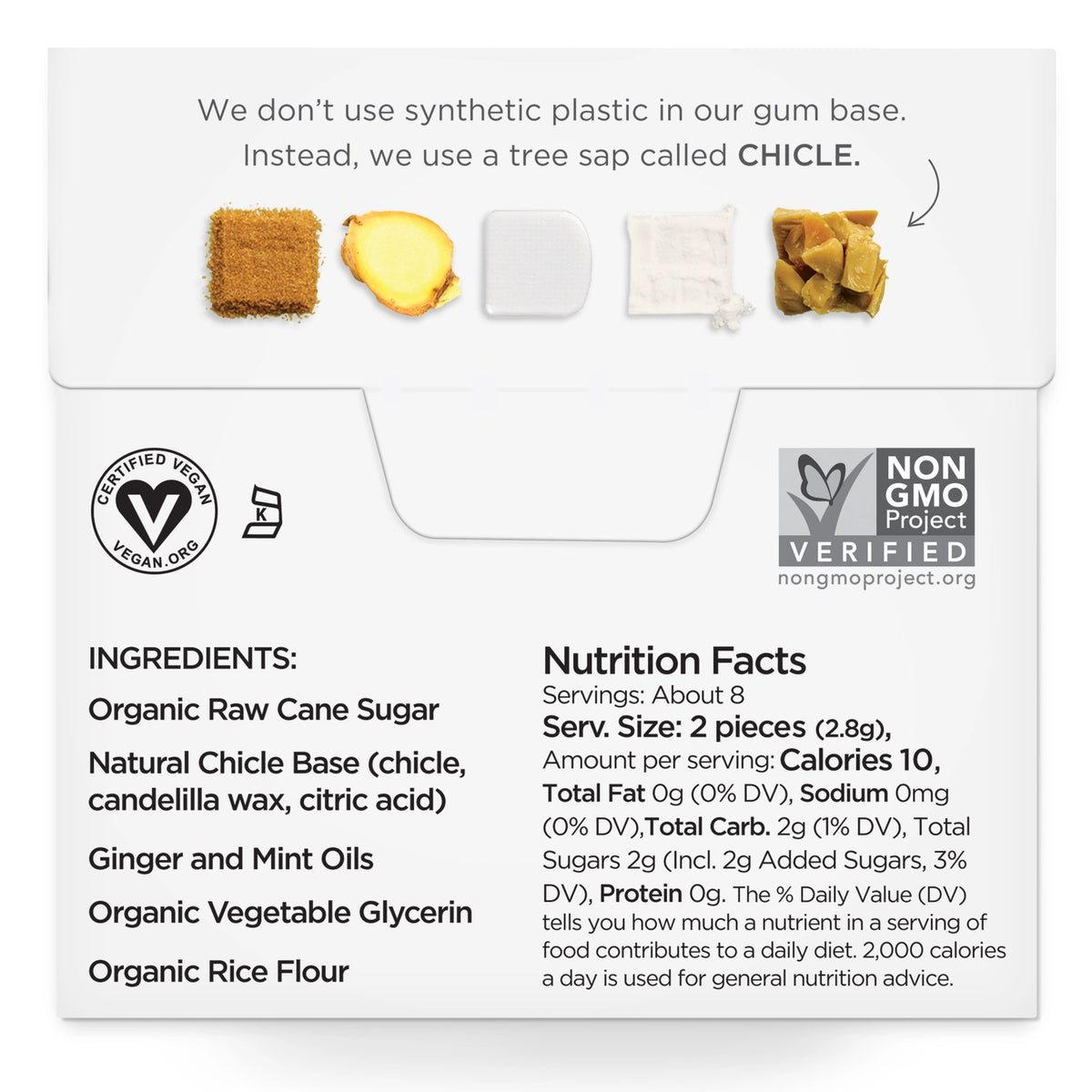 Product packaging with ingredients, nutrition facts, and certification logos on a white background
