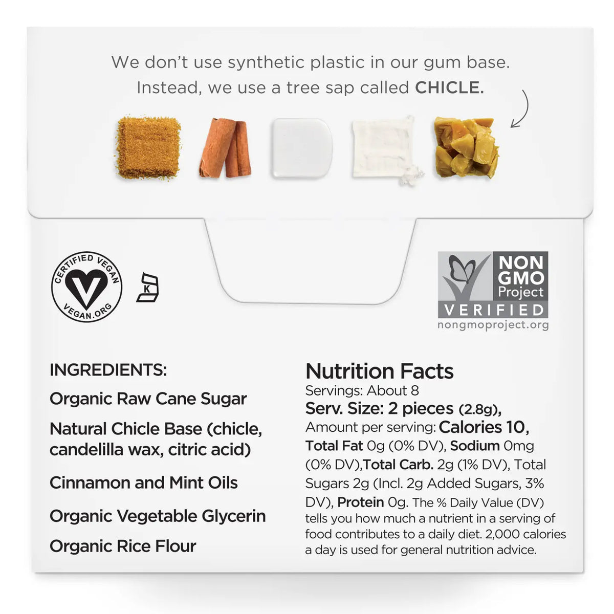 Product label with ingredients, nutrition facts, and certification logos on a white background
