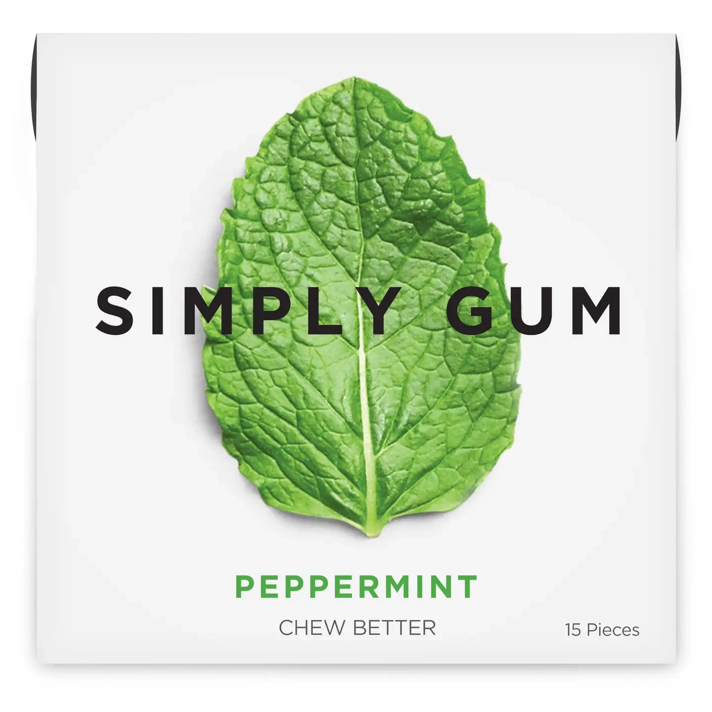 Simply Gum packaging with a peppermint leaf on a white background