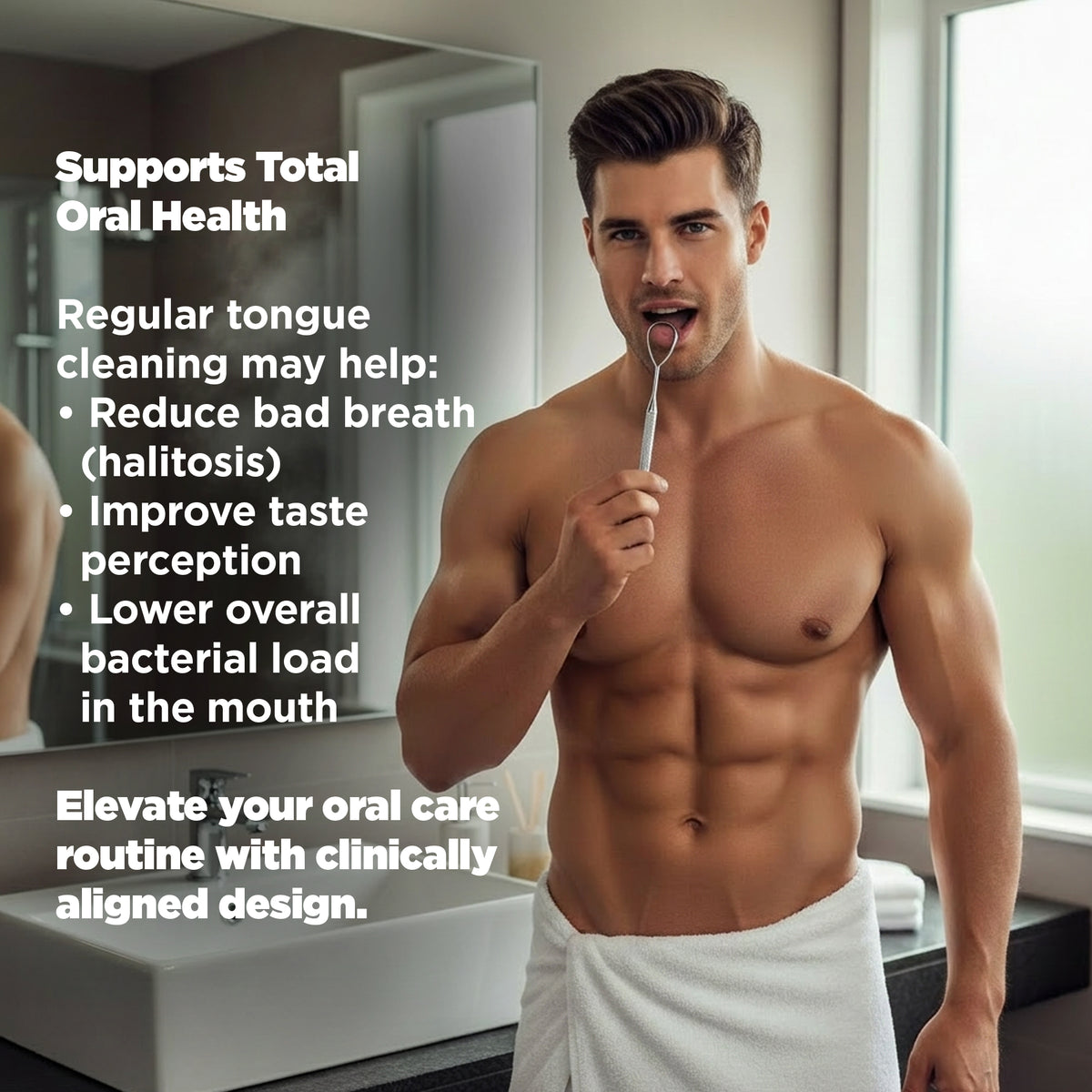 Man brushing his teeth in a bathroom with text about oral health benefits.