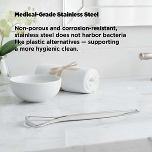 Stainless steel utensils on a white surface with text about its hygienic properties.