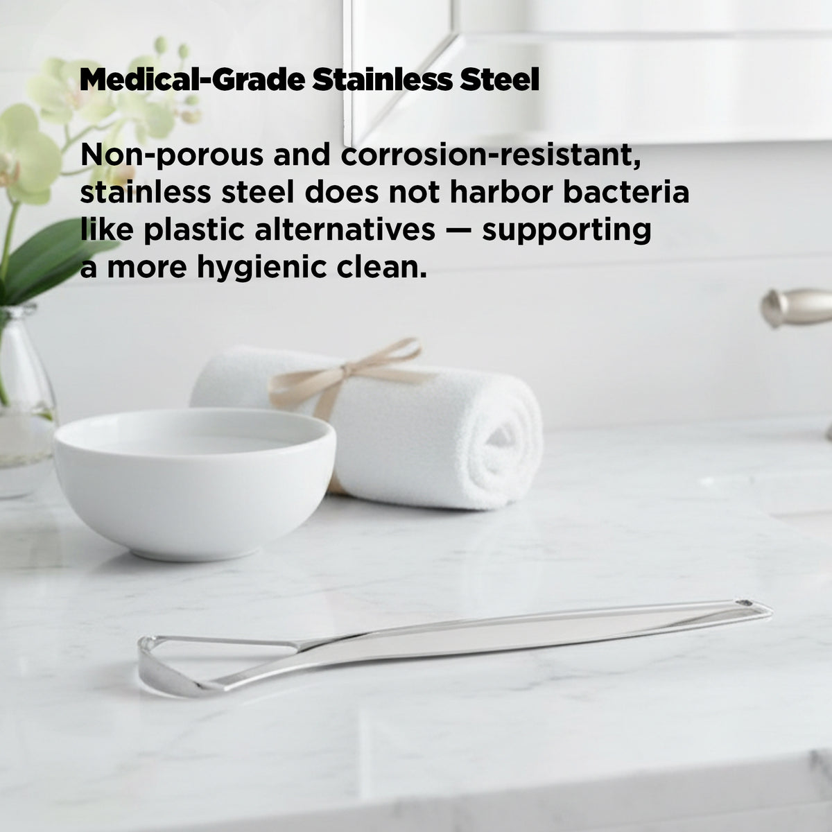 Stainless steel utensils on a white surface with text about its hygienic properties.