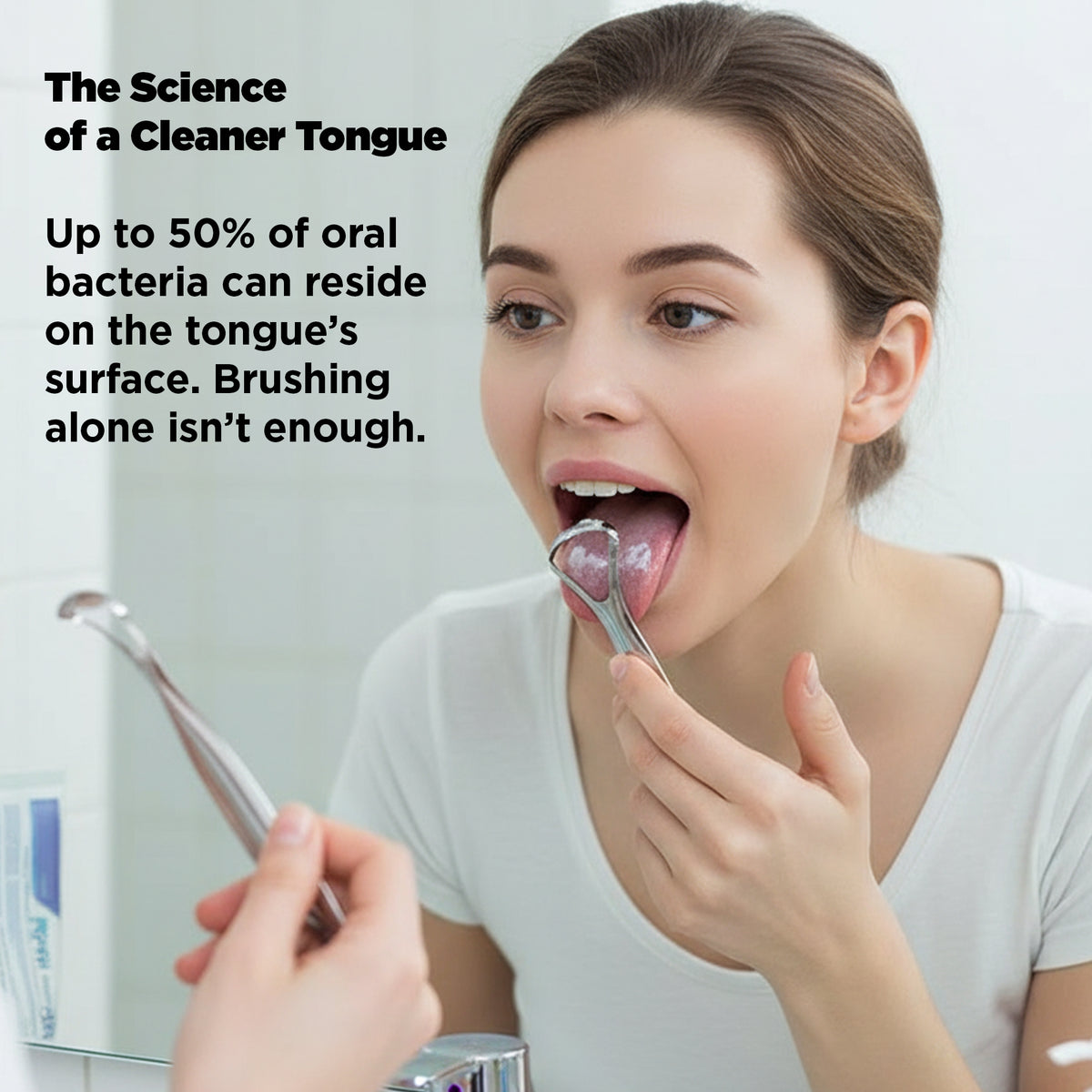 Woman using a tongue scraper with text about tongue cleaning.