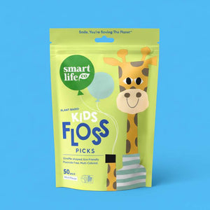 Green package of smart life co. Kids Floss Picks with a giraffe illustration on a white background