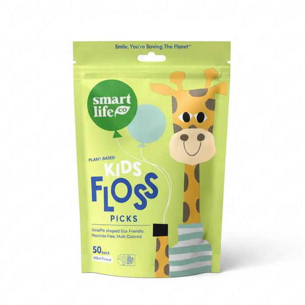 Green package of smart life co. Kids Floss Picks with a giraffe illustration on a white background