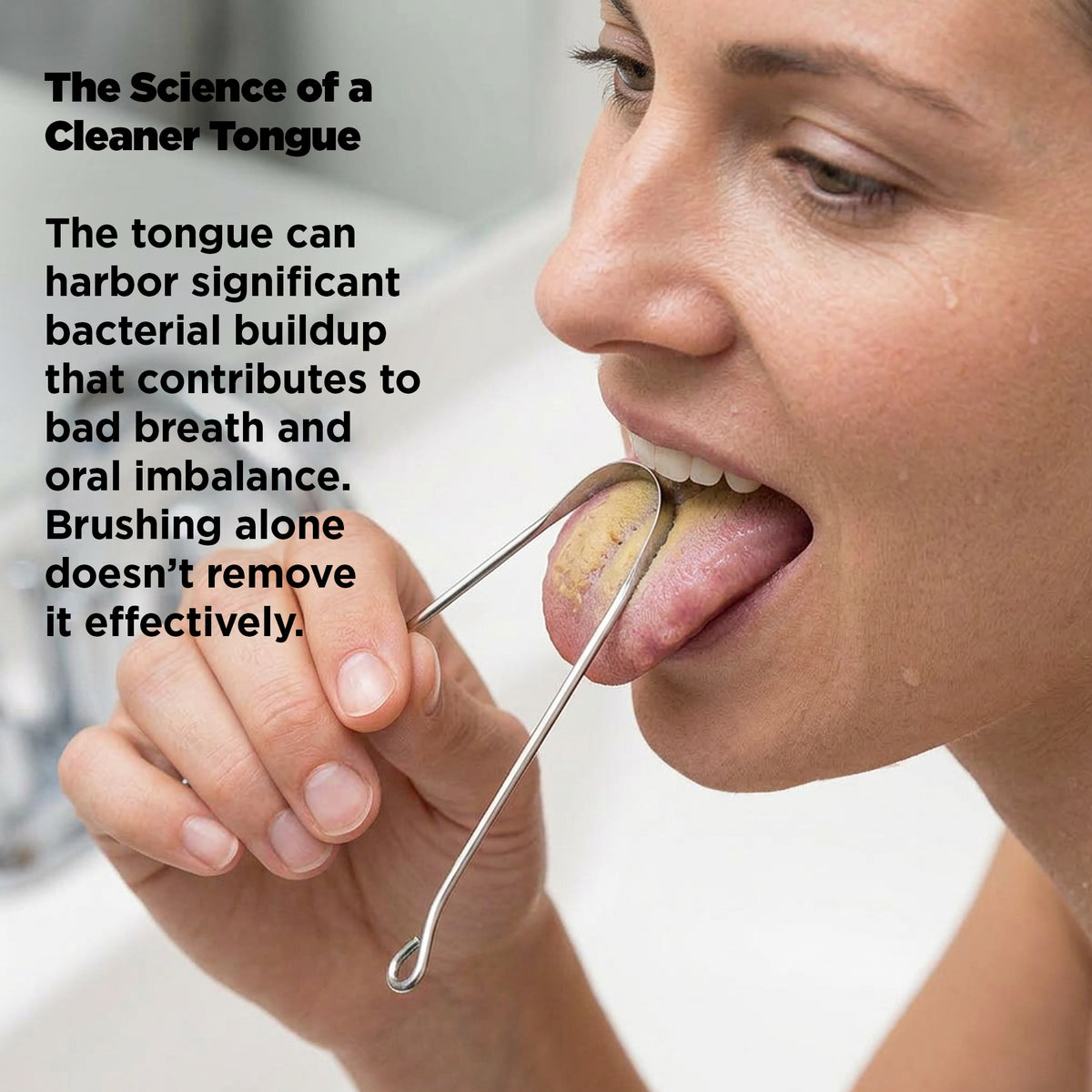Person using a tongue scraper with text about tongue hygiene.