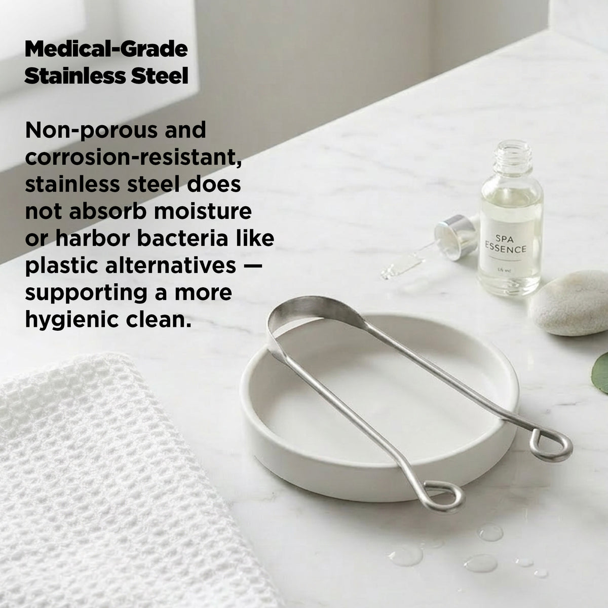 Stainless steel tools on a white surface with text about its properties.