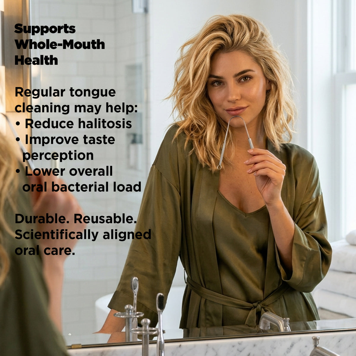 Woman using a tongue scraper in front of a mirror with text about its benefits.