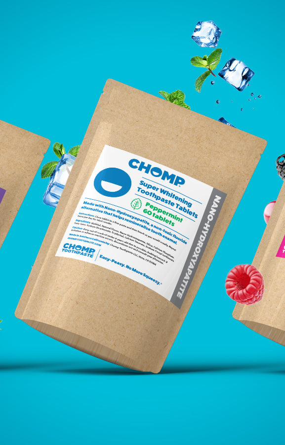 Brown paper package with CHOMP toothpaste label on a blue background