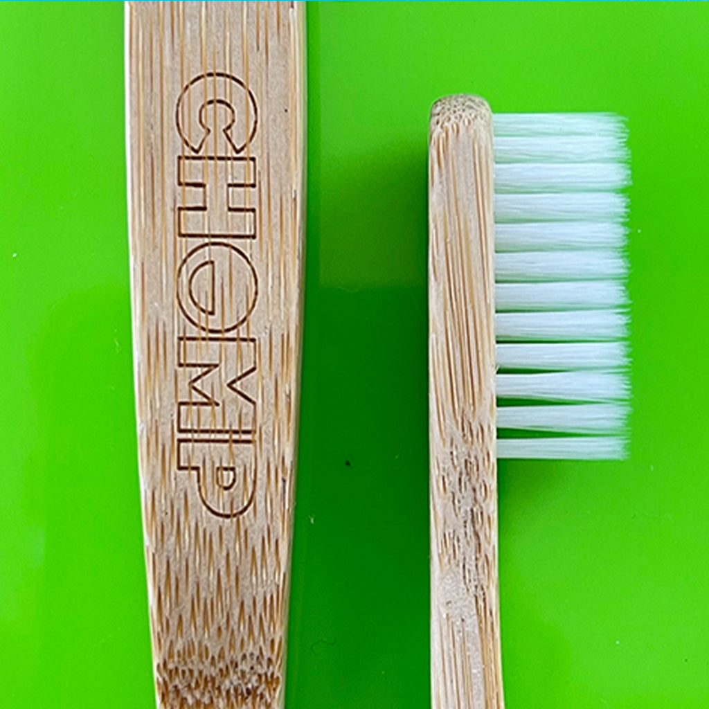 Bamboo toothbrush with white bristles on a green background