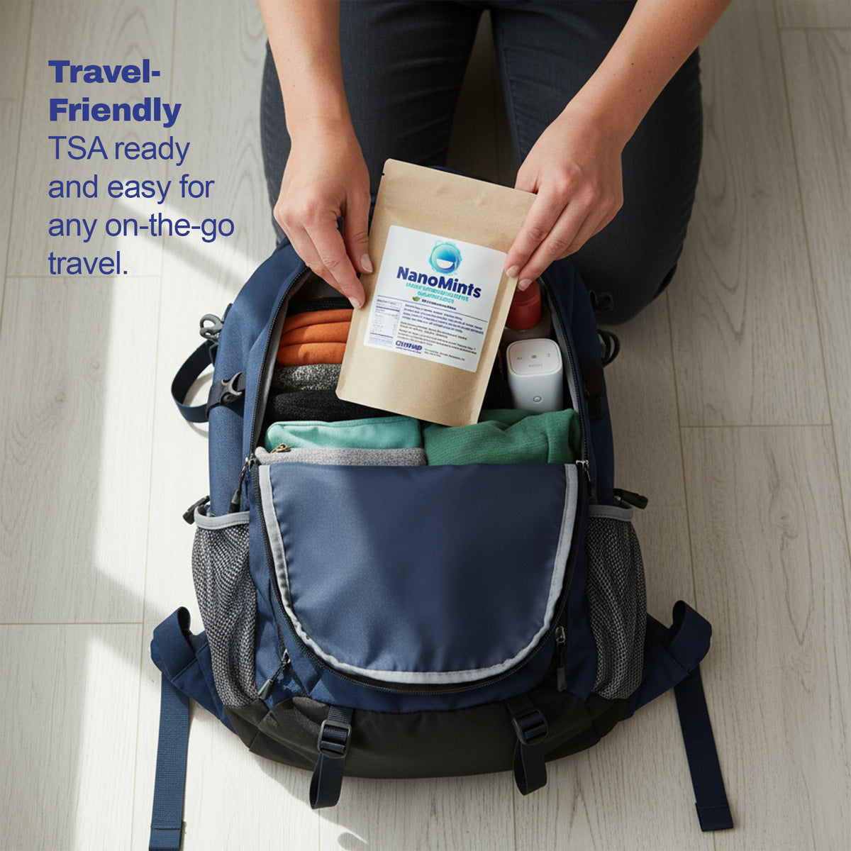 Person packing NanoMints into a backpack with text highlighting travel-friendliness.