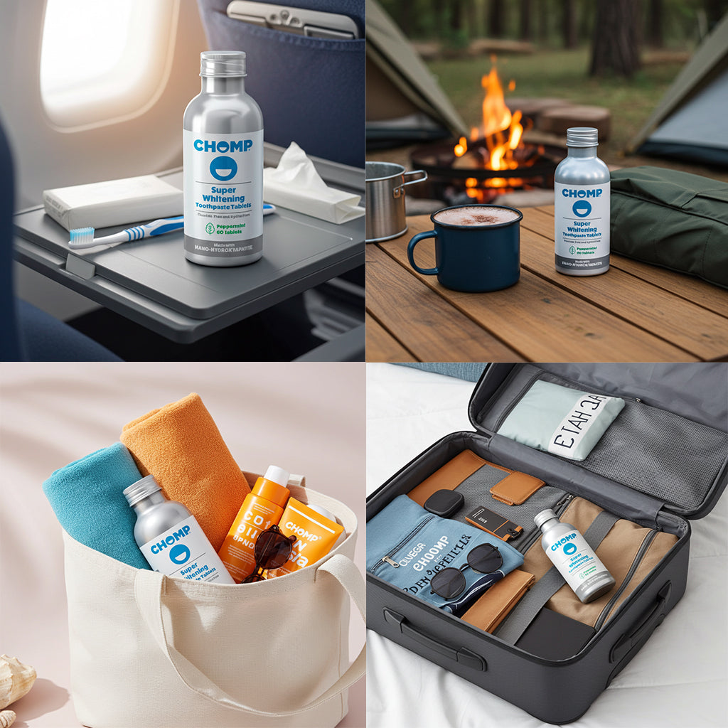 Collage of CHOMP products in various settings including airplane, camping, beach, and suitcase.