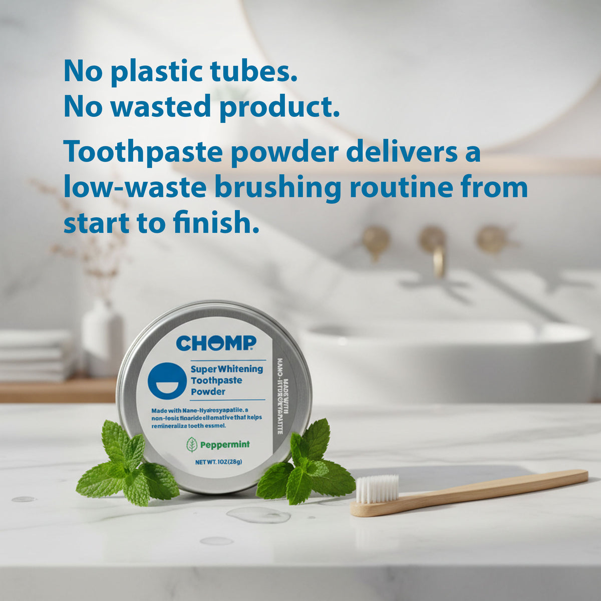 CHOMP toothpaste powder container with mint leaves and a toothbrush on a bathroom counter.