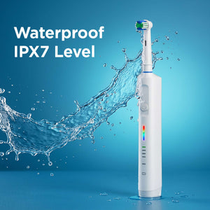A white electric toothbrush with green and blue bristles stands on a blue surface against a blue gradient background, with a large water splash behind it and the text 'Waterproof IPX7 Level' in the upper left.