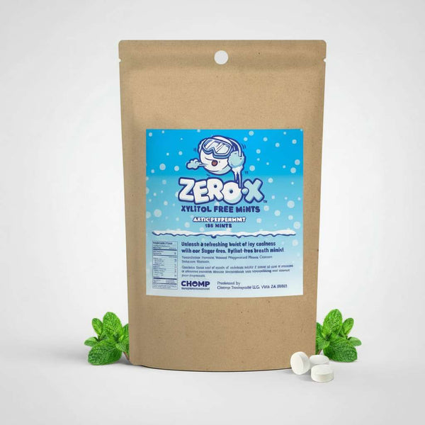 Zero X Xylitol Free Mints packaging with a blue label and ice cubes graphics on a white background