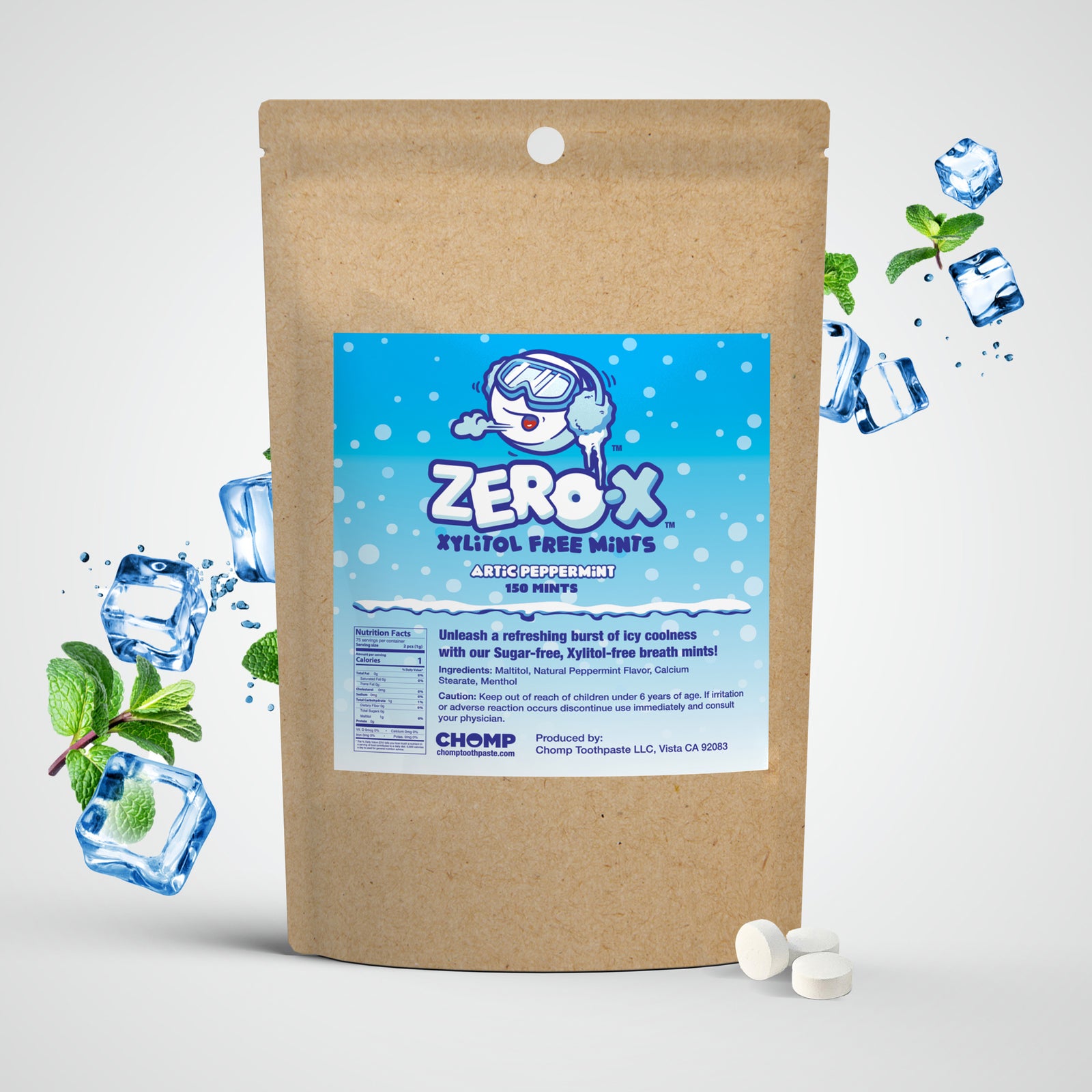 Zero X Xylitol Free Mints packaging with a blue label and ice cubes graphics on a white background