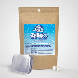 Zero X mint packaging with a blue label and brown cardboard backing on a white background
