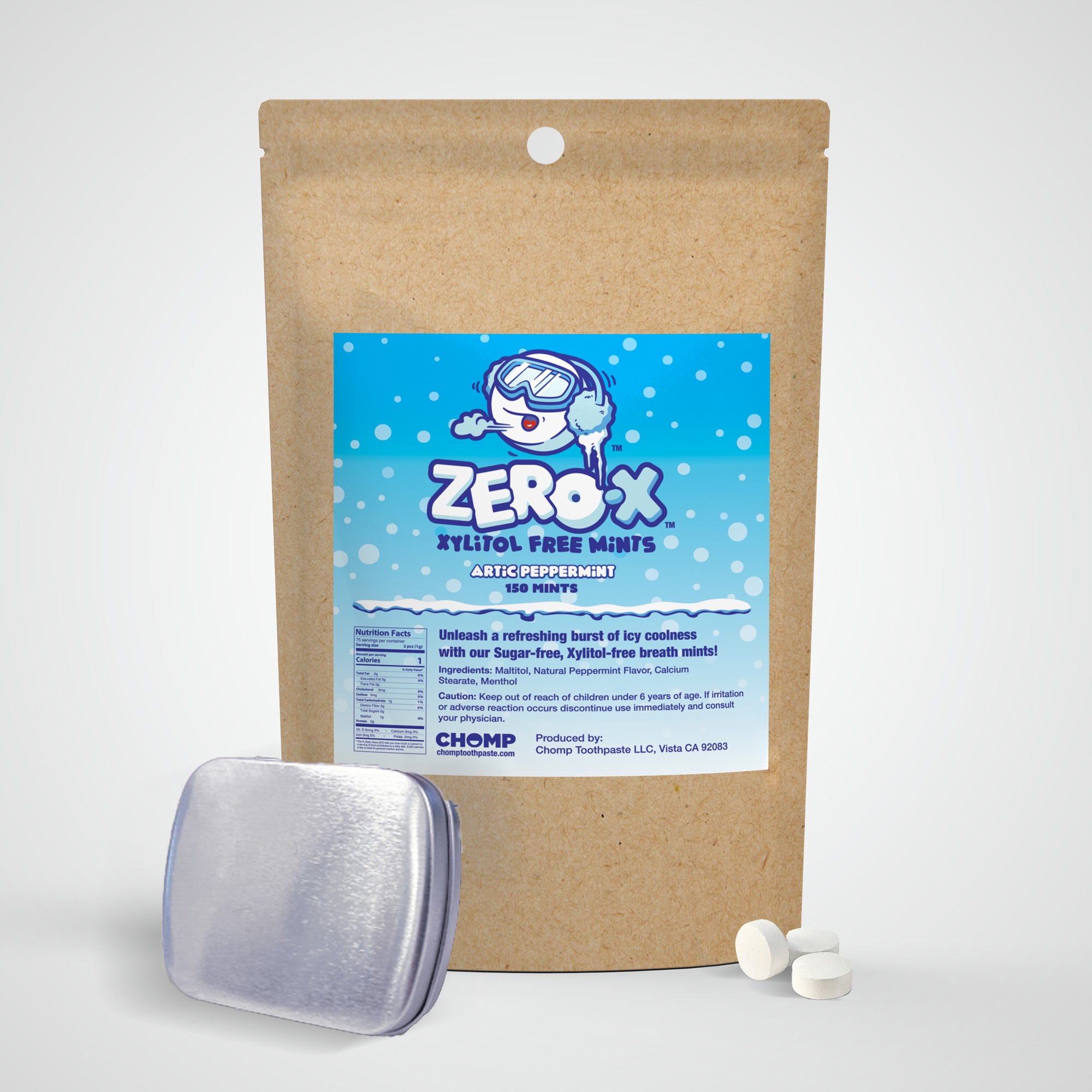 Zero X mint packaging with a blue label and brown cardboard backing on a white background
