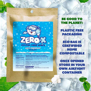 Packaging of Zerox xylitol-free mints with eco-friendly features on a ice and mint background.