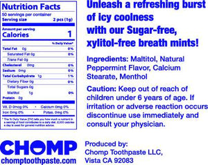 Nutrition facts label and product description for Chomp breath mints with blue text on a white background.